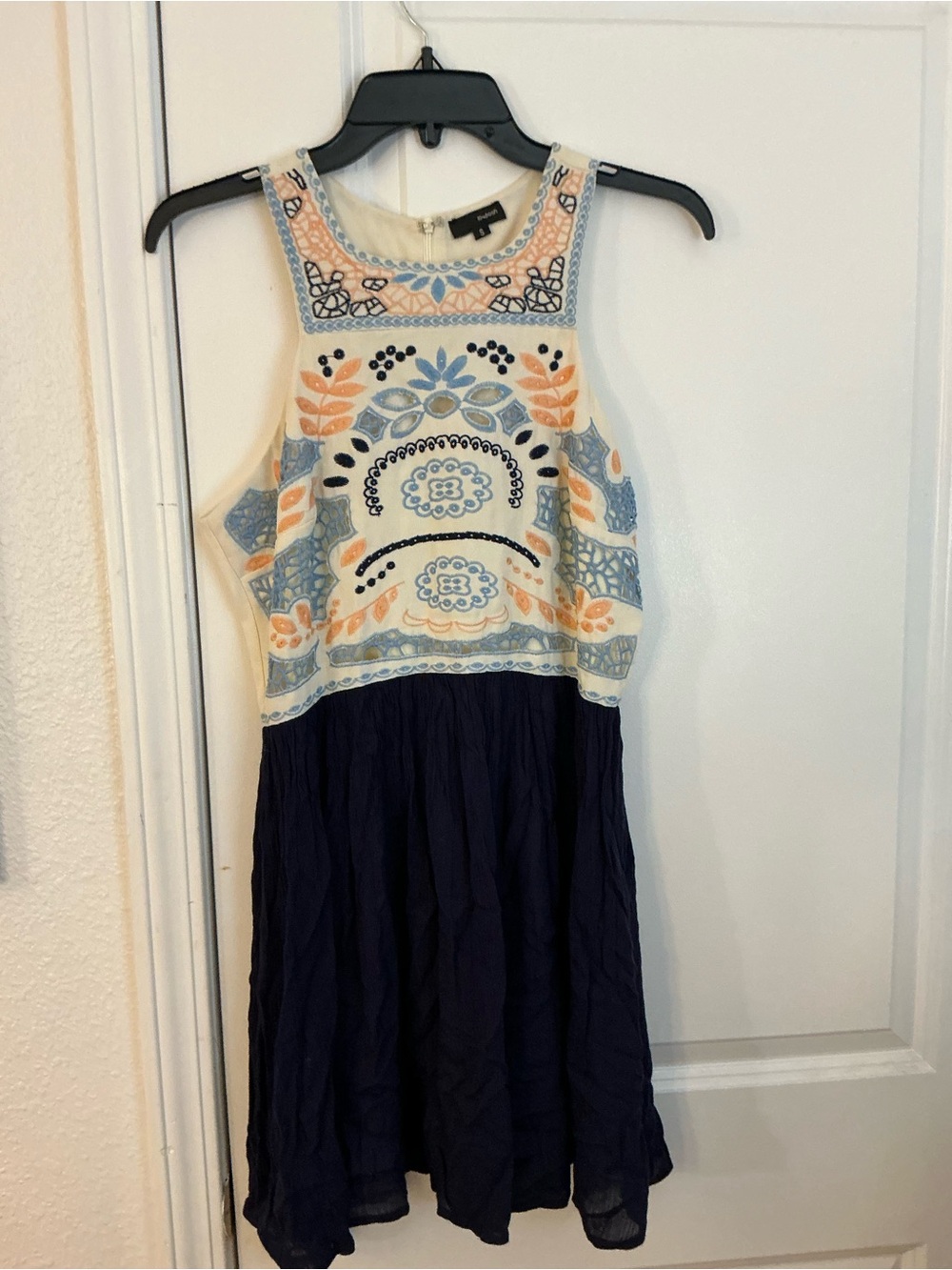 Lovposh Navy Blue Cream Embroidered Halter Neck Mini Sun Dress Size S
